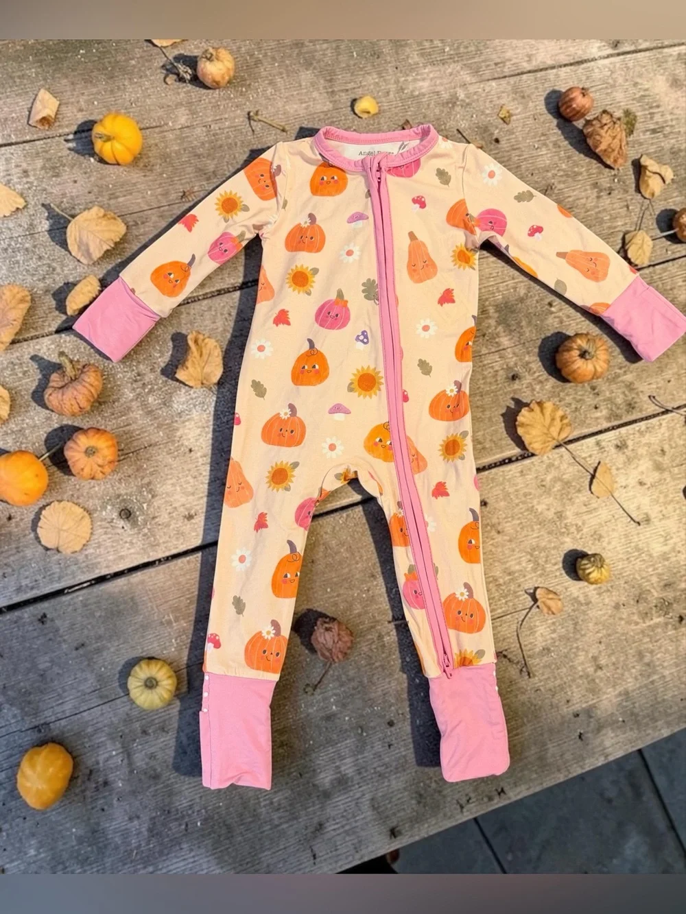 Angel Dear SUPER SOFT Cream Pumpkin Print Footie with Pink Trim